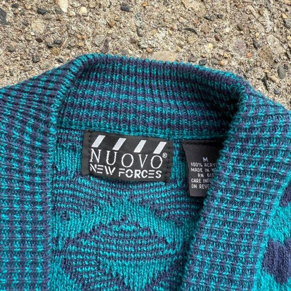 Vintage Nuovo New Forces Cardigan Teal / Navy Blue Knit Geometric Sweater - Picture 4 of 4